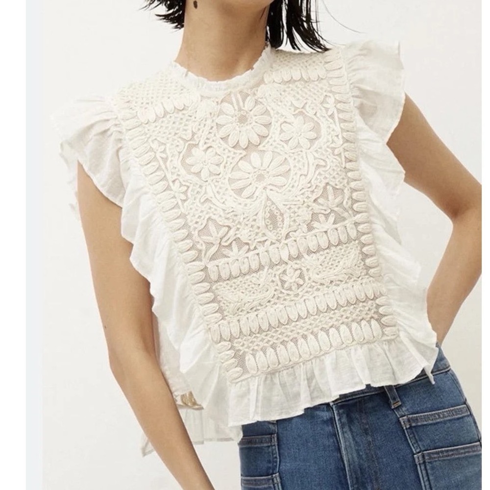 Joie White Lace Crochet Ruffle Cap-Sleeve Blouse
